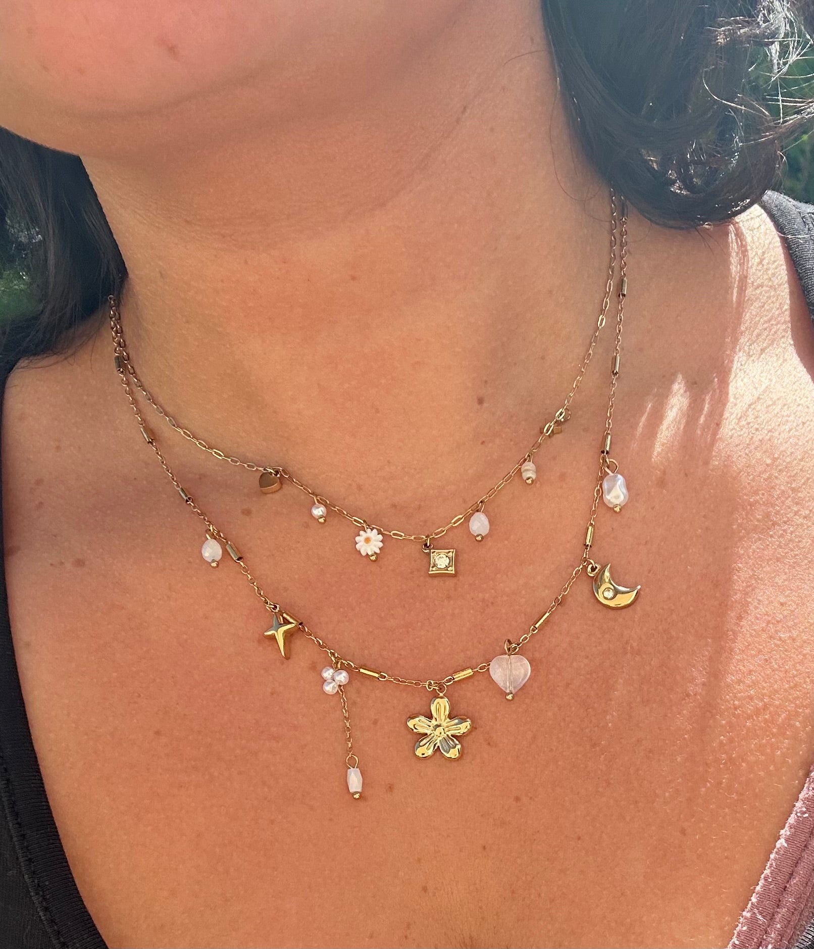 Collier Duo "Rêverie Céleste" – Nacre & Symboles Porte-Bonheur